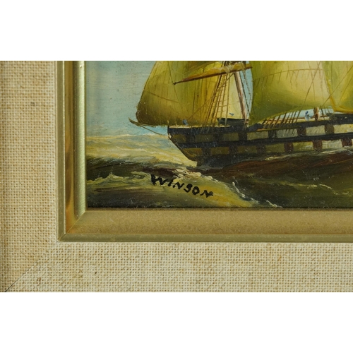 776 - Men-O-War, three naval interest oil on boards including two signed R Bramley and Winson, each mounte... 