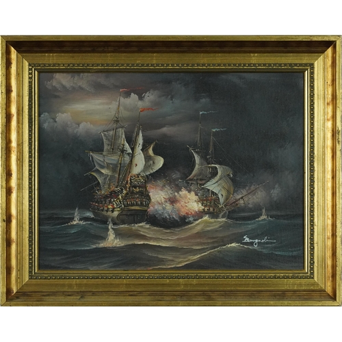 1801 - Men-O-War, naval interest oil on board, bearing an indistinct signature, mounted and framed, 39cm x ... 