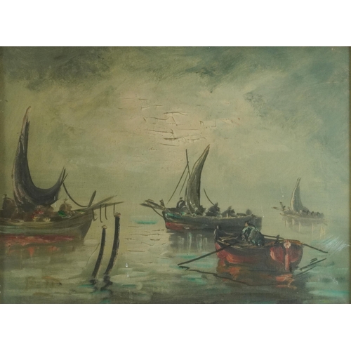 750 - E Bott - Fishing boats, European school oil on canvas, mounted, framed and glazed, 38cm x 28cm exclu... 