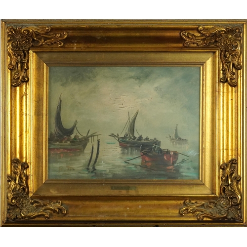 750 - E Bott - Fishing boats, European school oil on canvas, mounted, framed and glazed, 38cm x 28cm exclu... 