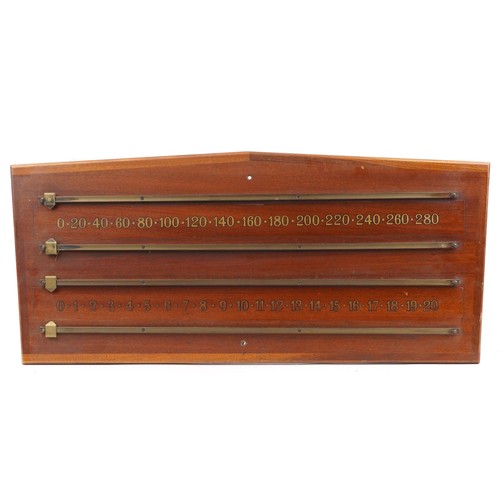 1636A - Mid 20th century mahogany snooker scoreboard with brass rails, 95cm x 43cm