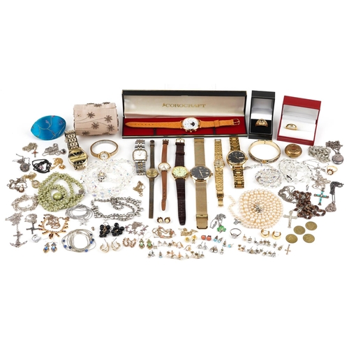 2819 - Antique and later costume jewellery, wristwatches and objects, some silver, including George V token... 