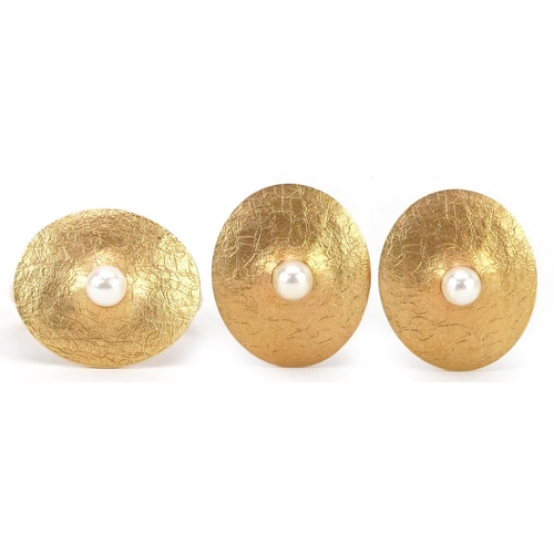 Mid century Austrian 18ct gold cultured pearl ring with matching stud earrings housed in a Langeder box, the ring size O, total 17.2g