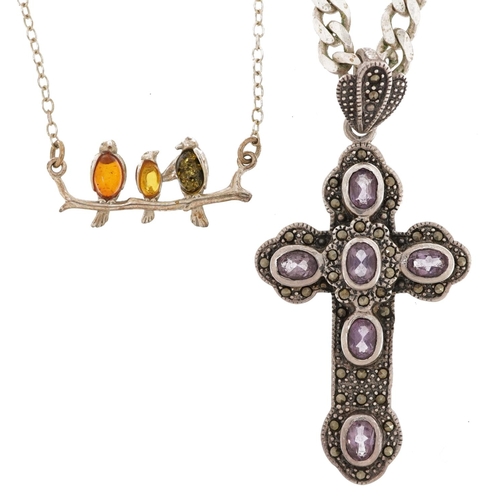 2798 - Silver jewellery comprising marcasite and amethyst cross pendant on a silver curb link necklace and ... 