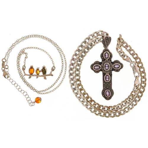 2798 - Silver jewellery comprising marcasite and amethyst cross pendant on a silver curb link necklace and ... 