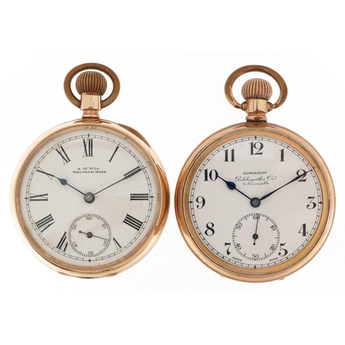 2238 - Two gentlemen's gold plated open face keyless pocket watches comprising Waltham and Admiralty, each ... 