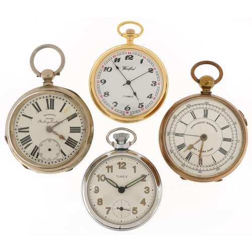 2769 - Four gentlemen's open face pocket watches including a chronograph pocket watch engraved Exhibition S... 