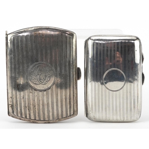 68 - Two George V engine turned silver cigarette cases, each with gilt interior, Birmingham 1912 and 1920... 