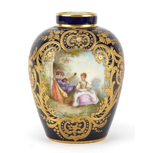 Sevres, 19th century French cobalt blue ground vase hand painted with a panel young musician serenading a female within a gilt foliate border, 11cm high