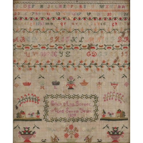 85 - Early Victorian needlework sampler worked by Ellen Ann Grover aged seven years, dated 1839, framed a... 