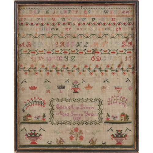 85 - Early Victorian needlework sampler worked by Ellen Ann Grover aged seven years, dated 1839, framed a... 