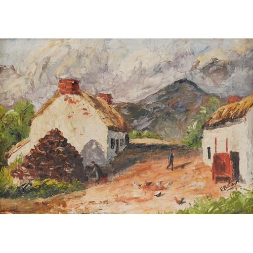 1486 - E Brown - Cottages before mountains, Irish school oil on board, mounted and framed, 34cm x 24cm excl... 