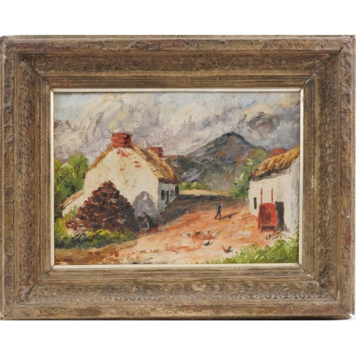 1486 - E Brown - Cottages before mountains, Irish school oil on board, mounted and framed, 34cm x 24cm excl... 