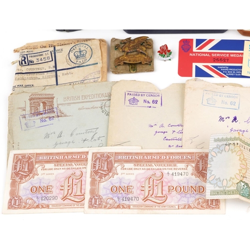 1815 - British militaria including Suez Canal medal, National Service medal, various boxes inscribed PTE B ... 