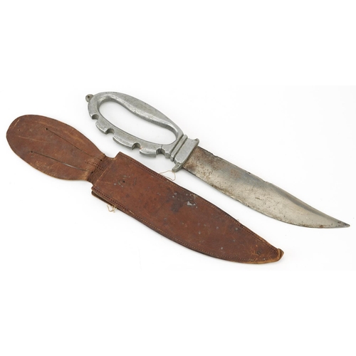 1895 - German military interest trench art knuckle knife with leather sheath, 30cm in length