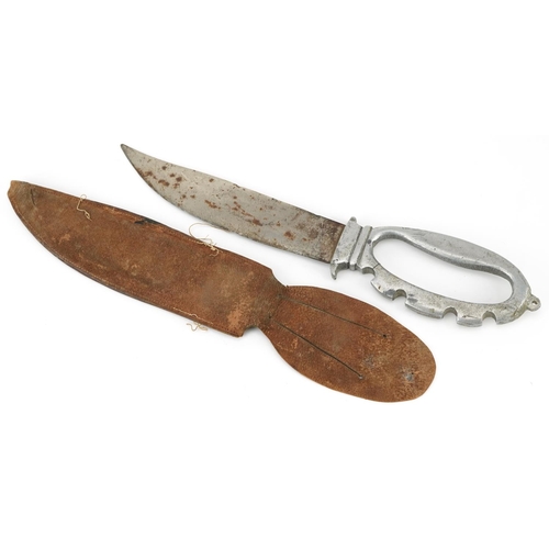 1895 - German military interest trench art knuckle knife with leather sheath, 30cm in length