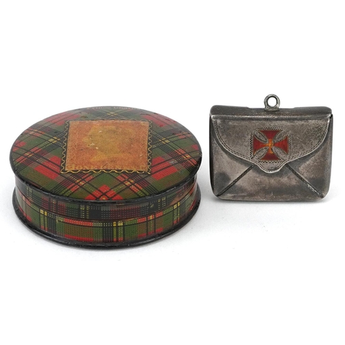 283 - Victorian tartan ware Prince Charlie circular stamp box and a silver stamp case enamelled with a Mal... 