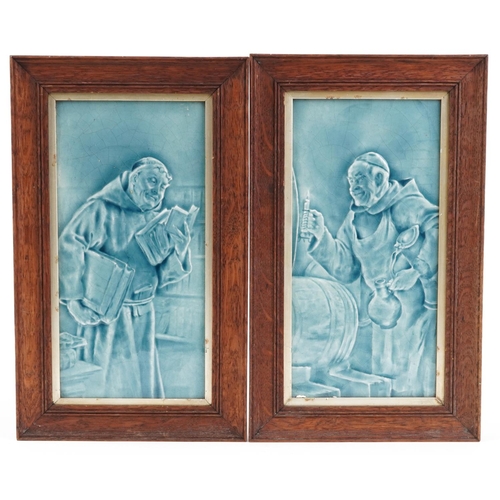 57 - Craven Dunnill & Co, pair of Victorian aesthetic pottery blue glazed tiles decorated in low relief w... 