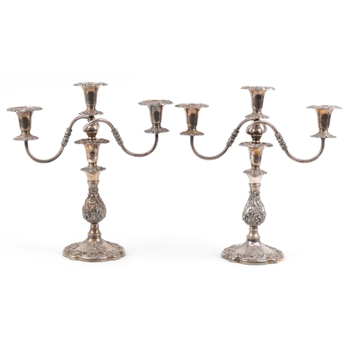 601 - Large pair of classical silver plated three branch candelabras, each 41cm high