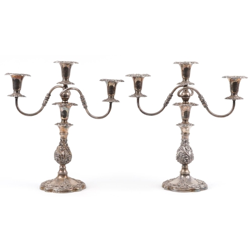 601 - Large pair of classical silver plated three branch candelabras, each 41cm high