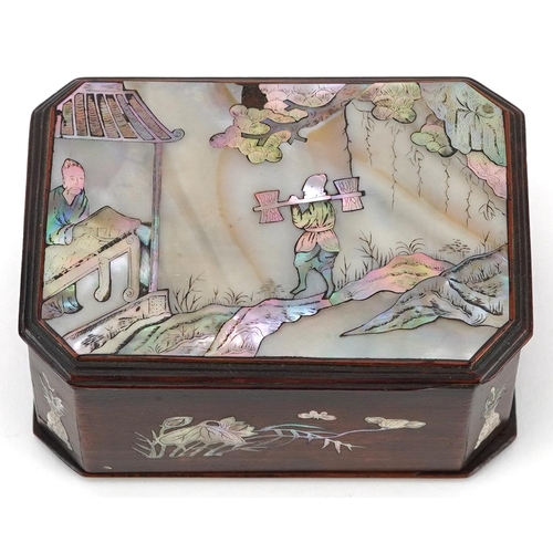 103 - Chinese hardwood box and cover with canted corners and abalone inlay depicting attendant attending a... 