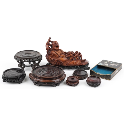 567 - Chinese wooden and metalware including a root wood carving of Happy Buddha on stand surmounted with ... 