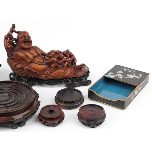 567 - Chinese wooden and metalware including a root wood carving of Happy Buddha on stand surmounted with ... 