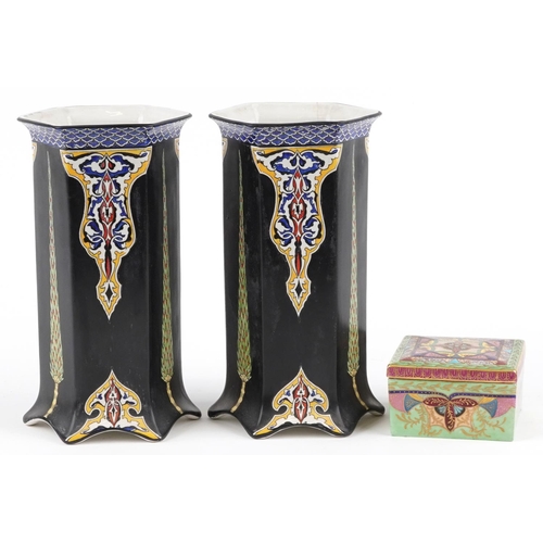 1424 - Pair of Art Nouveau hexagonal vases decorated with foliate motifs and a 1930s square box and cover h... 