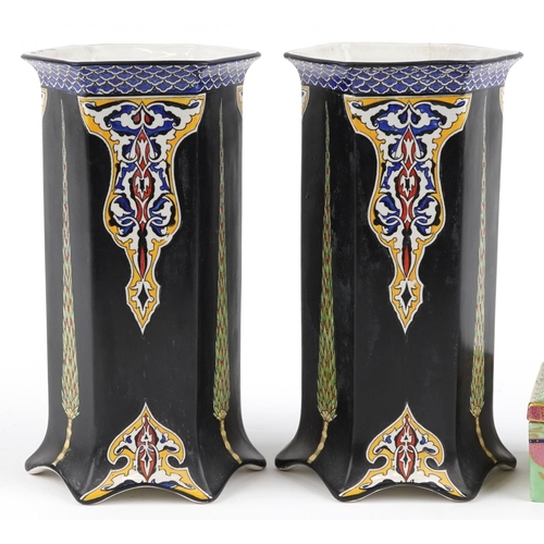 1424 - Pair of Art Nouveau hexagonal vases decorated with foliate motifs and a 1930s square box and cover h... 