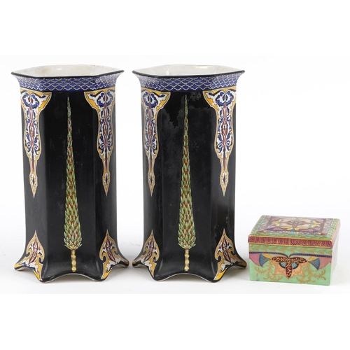 1424 - Pair of Art Nouveau hexagonal vases decorated with foliate motifs and a 1930s square box and cover h... 