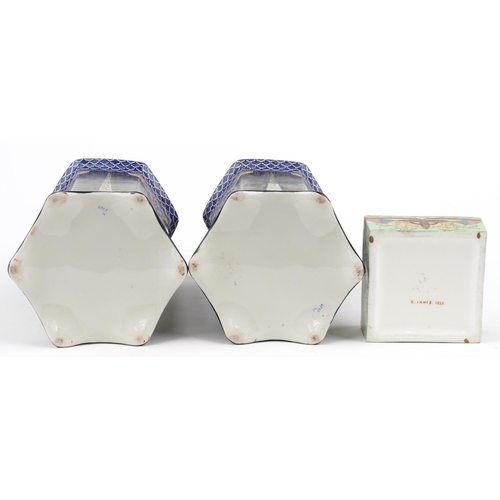 1424 - Pair of Art Nouveau hexagonal vases decorated with foliate motifs and a 1930s square box and cover h... 