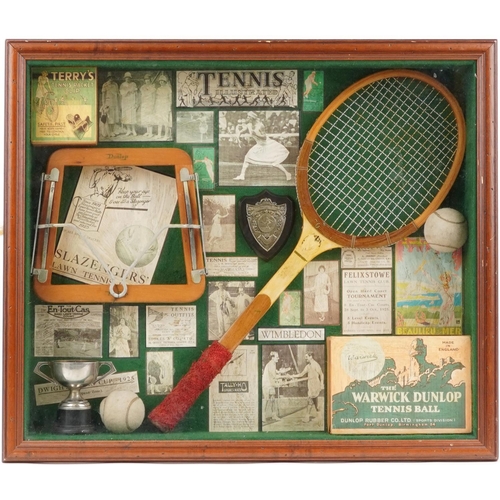 1734 - Sporting interest glazed mahogany wall hanging tennis diorama, overall 71cm x 61cm