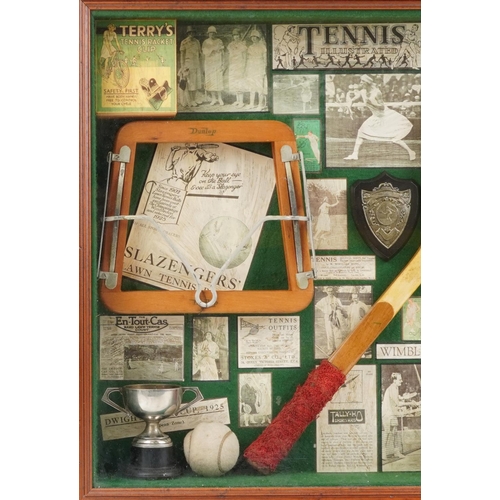 1734 - Sporting interest glazed mahogany wall hanging tennis diorama, overall 71cm x 61cm