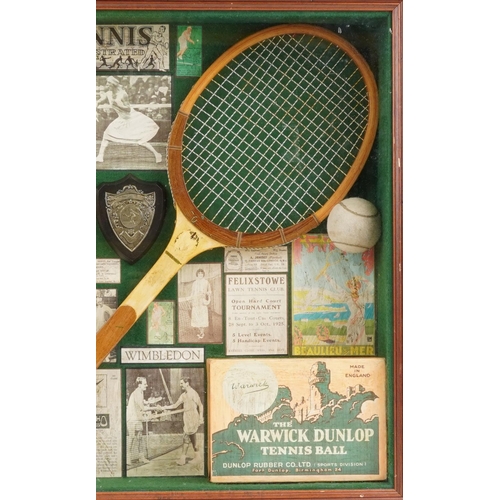 1734 - Sporting interest glazed mahogany wall hanging tennis diorama, overall 71cm x 61cm