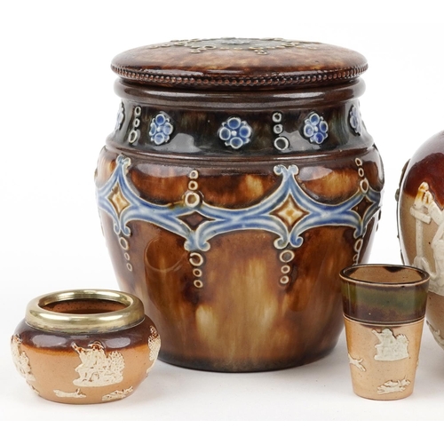 583 - Royal Doulton stoneware including an Art Nouveau jar and cover, Toby tankard with silver rim and sal... 