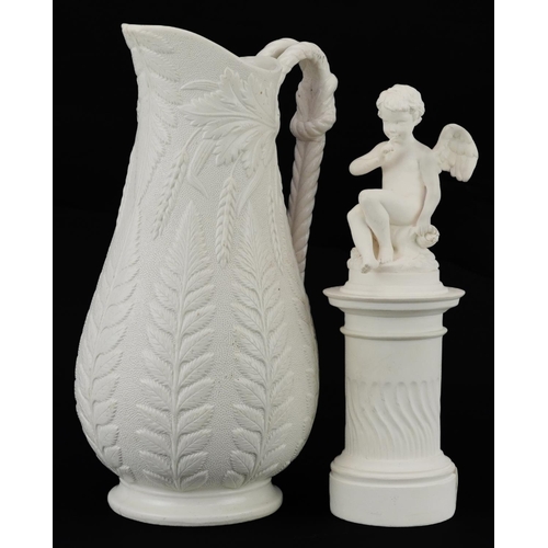 1277 - Victorian W B William Brownfield smear salt fern pattern jug and a sculpture of Putti, the largest 2... 