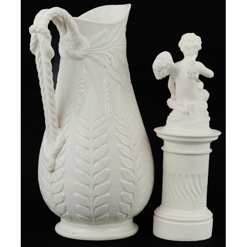 1277 - Victorian W B William Brownfield smear salt fern pattern jug and a sculpture of Putti, the largest 2... 