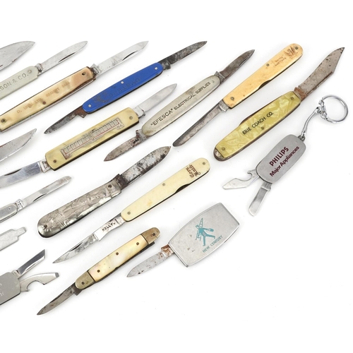 1562 - Collection of vintage advertising penknives and pocket tools, including Hoover Ltd, Sandvik, Harp La... 