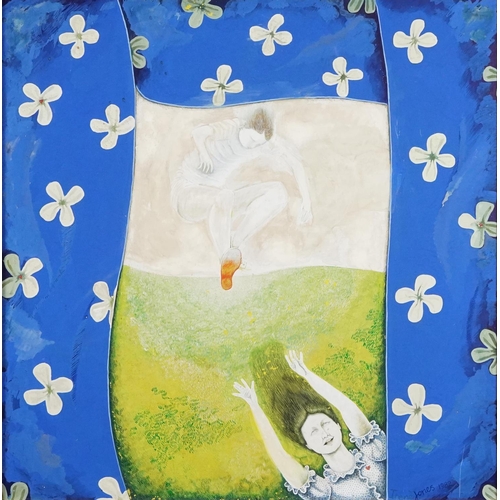 384 - Irene Jones 1982 - Leaping and blue curtains, Cornish school mixed media on board, framed, 60cm x 59... 