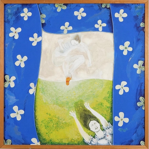 384 - Irene Jones 1982 - Leaping and blue curtains, Cornish school mixed media on board, framed, 60cm x 59... 