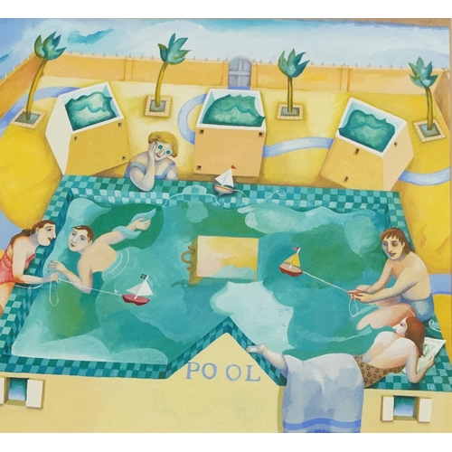 380 - Irene Jones - Pool, Cornish school gouache, inscribed verso, mounted, framed and glazed, 30.5cm x 28... 