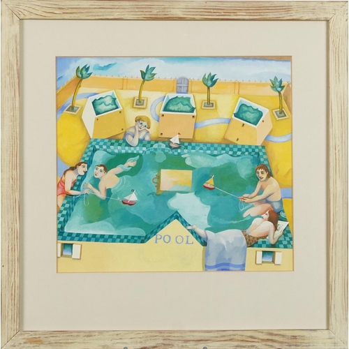 380 - Irene Jones - Pool, Cornish school gouache, inscribed verso, mounted, framed and glazed, 30.5cm x 28... 