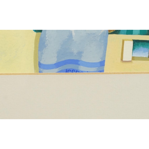 380 - Irene Jones - Pool, Cornish school gouache, inscribed verso, mounted, framed and glazed, 30.5cm x 28... 