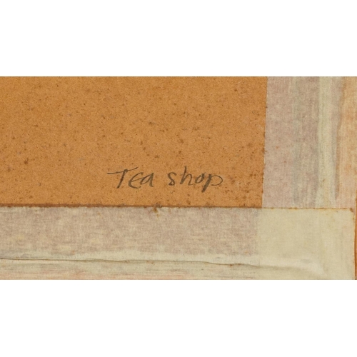 381 - Irene Jones - Tea Shop, Cornish school gouache, inscribed verso, framed and glazed, 22cm x 22cm excl... 