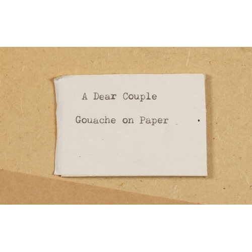 382 - Irene Jones - A dear couple, Cornish school gouache on paper, details and inscription verso, mounted... 