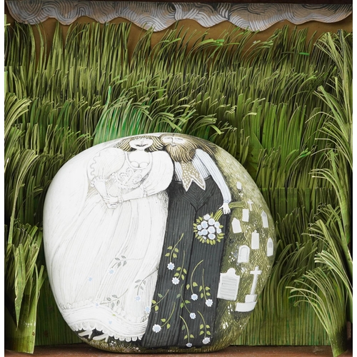 386 - Irene Jones - Bride and groom, Cornish school glazed wall hanging diorama with hand painted stone, o... 