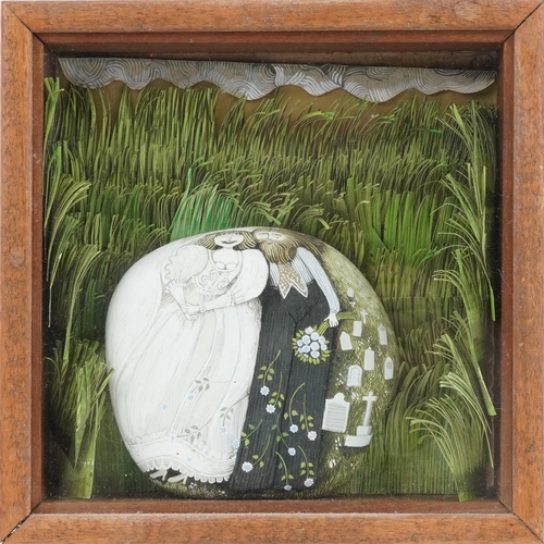 386 - Irene Jones - Bride and groom, Cornish school glazed wall hanging diorama with hand painted stone, o... 