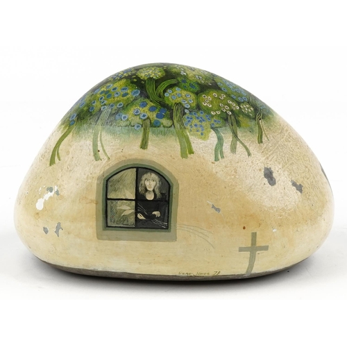 385 - Irene Jones 1978 - Flowers for You, large Cornish school hand painted pebble stone, 21cm wide