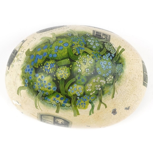 385 - Irene Jones 1978 - Flowers for You, large Cornish school hand painted pebble stone, 21cm wide