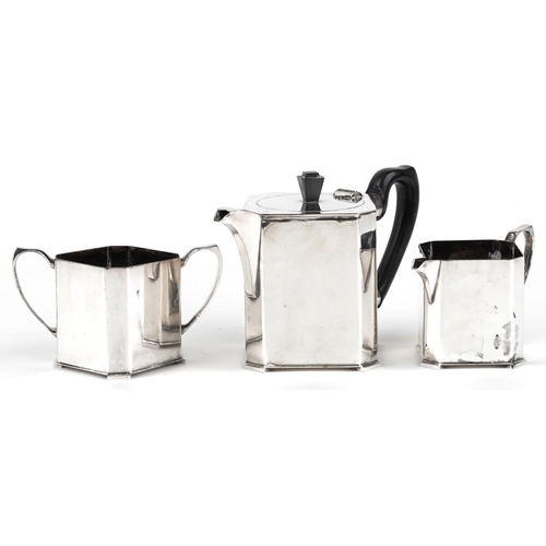 249 - Marples, Wingfield & Wilkins of Sheffield, Art Deco silver plated three piece square section tea set... 